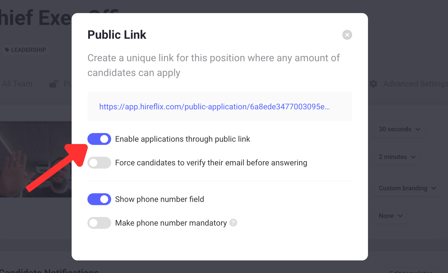 Enabling the public link in Hireflix