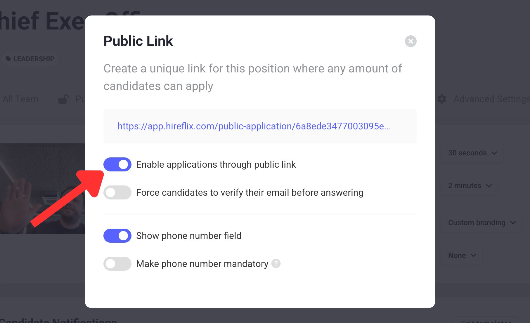 Enabling the public link in Hireflix