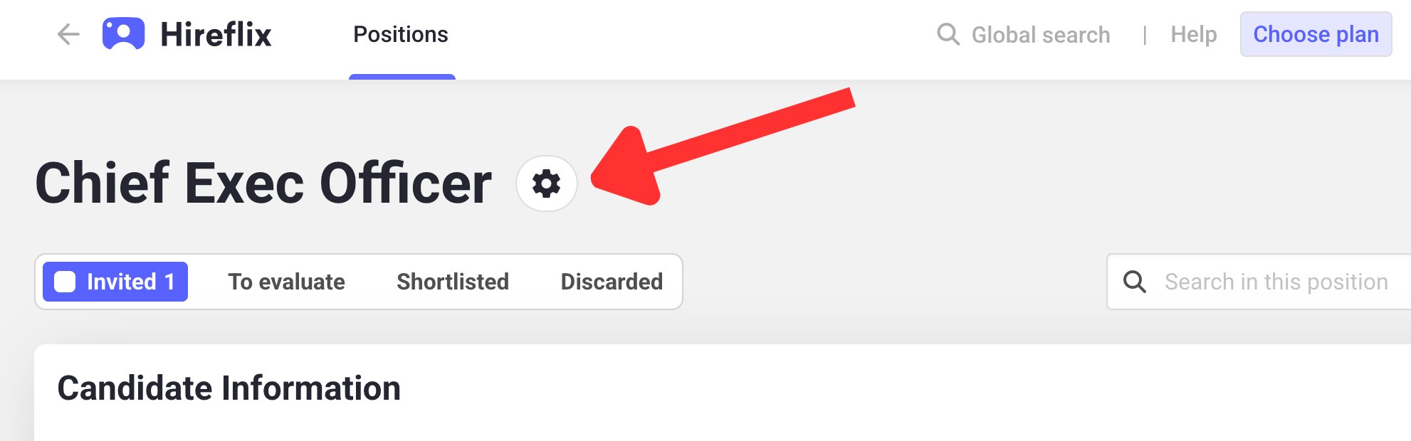 Opening the position settings in Hireflix