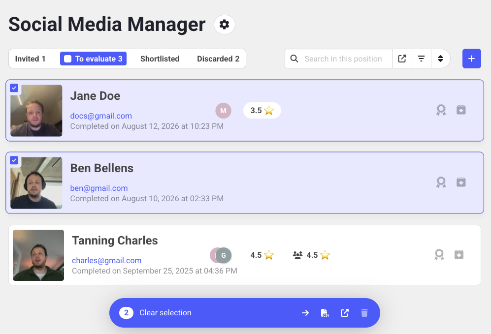 Hireflix Userguide Select Multiple Interviews Bulk Share