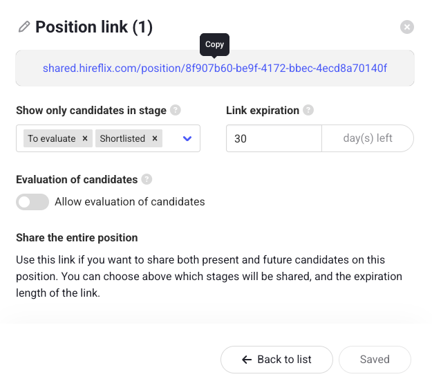 Hireflix Userguide Stage Sharing Copy Link