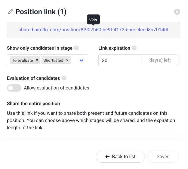 Hireflix Userguide Stage Sharing Copy Link