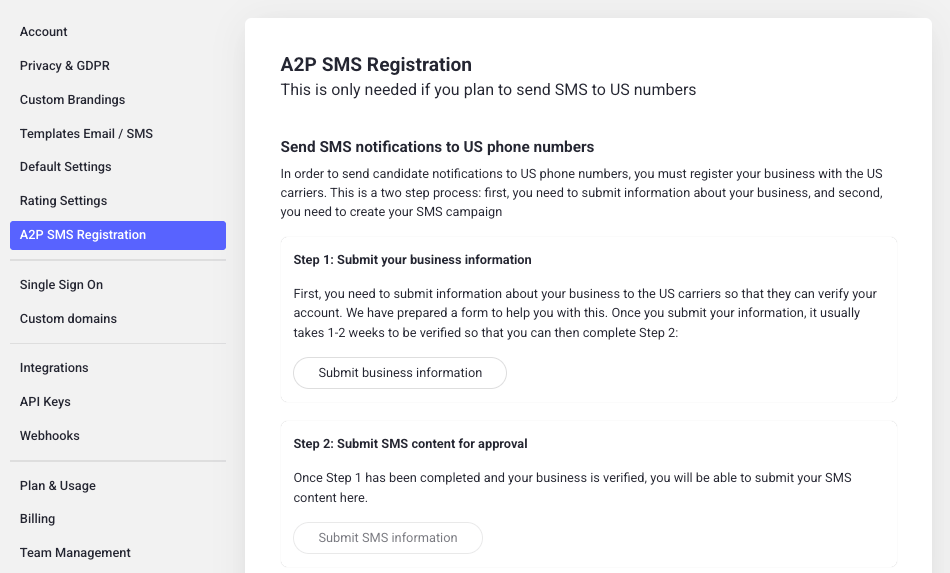A2P SMS registration settings