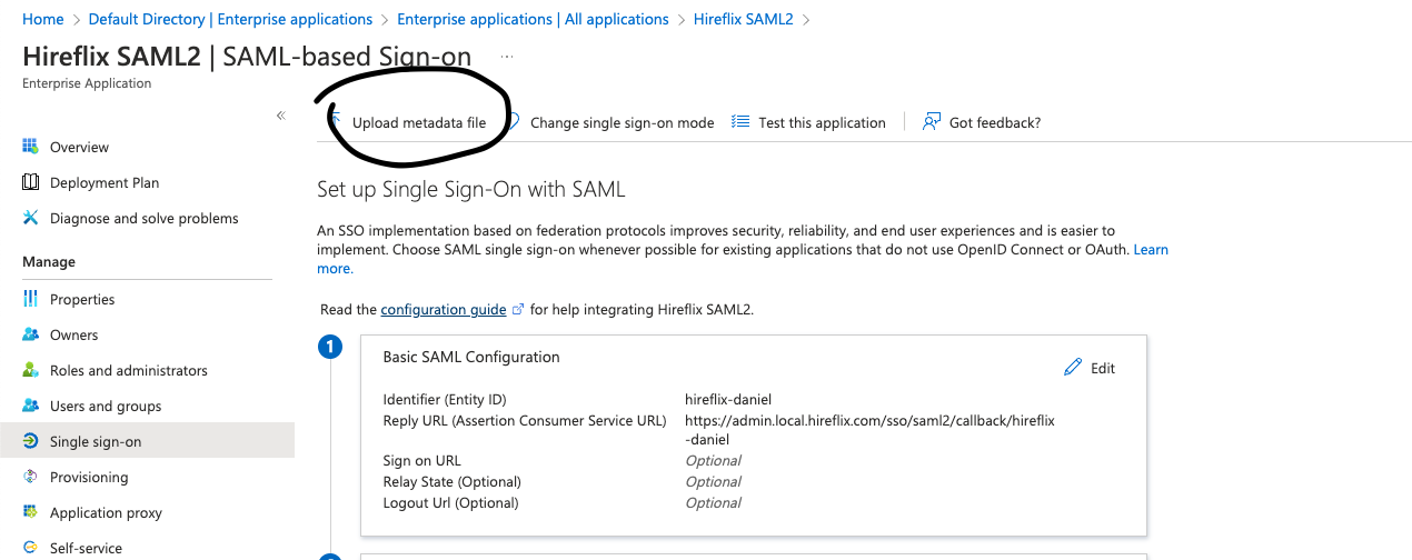 Uploading the metadata file to Azure AD