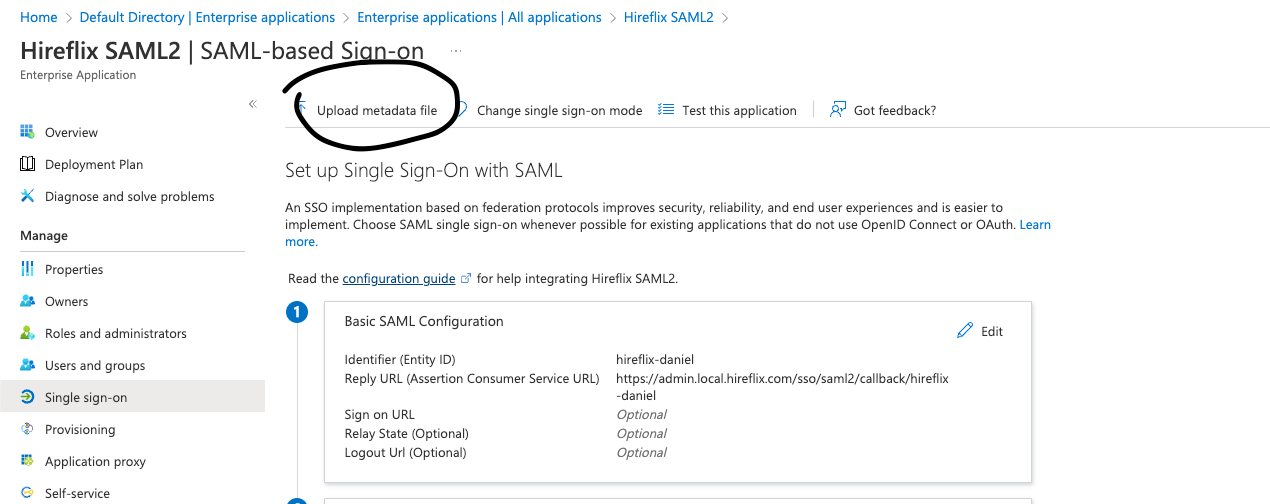 Uploading the metadata file to Azure AD