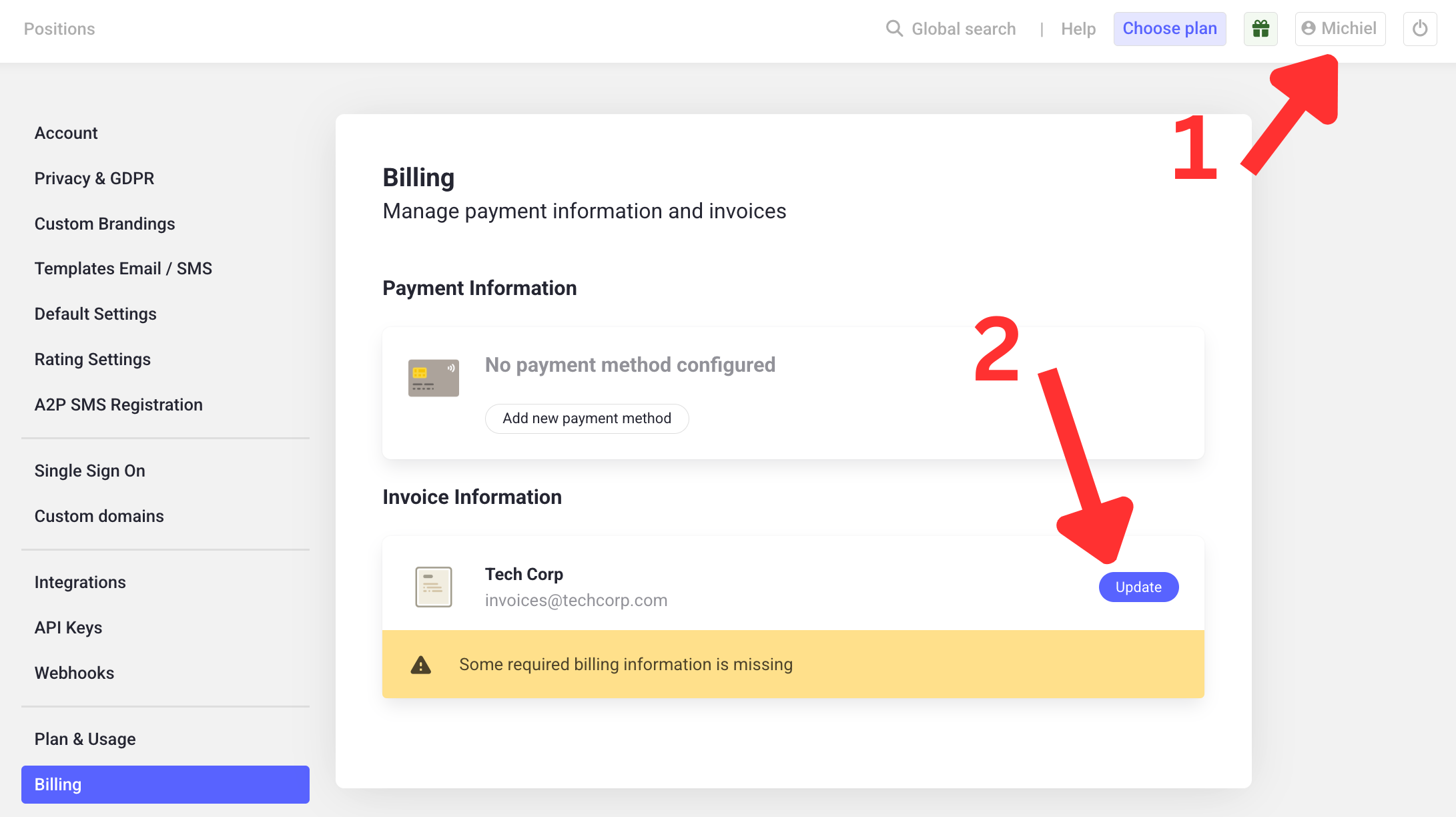 Billing section in Hireflix