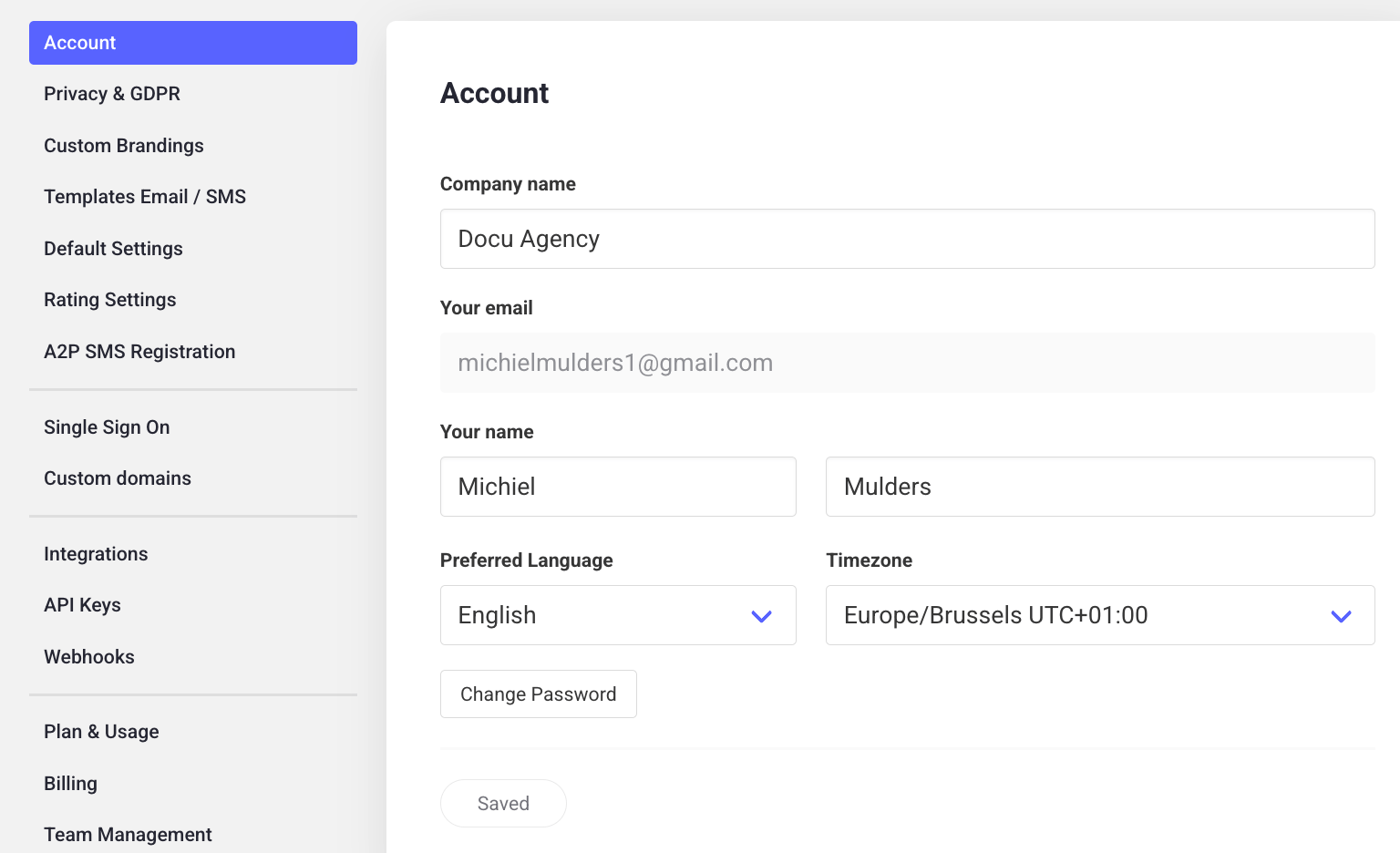 Changing password in account settings
