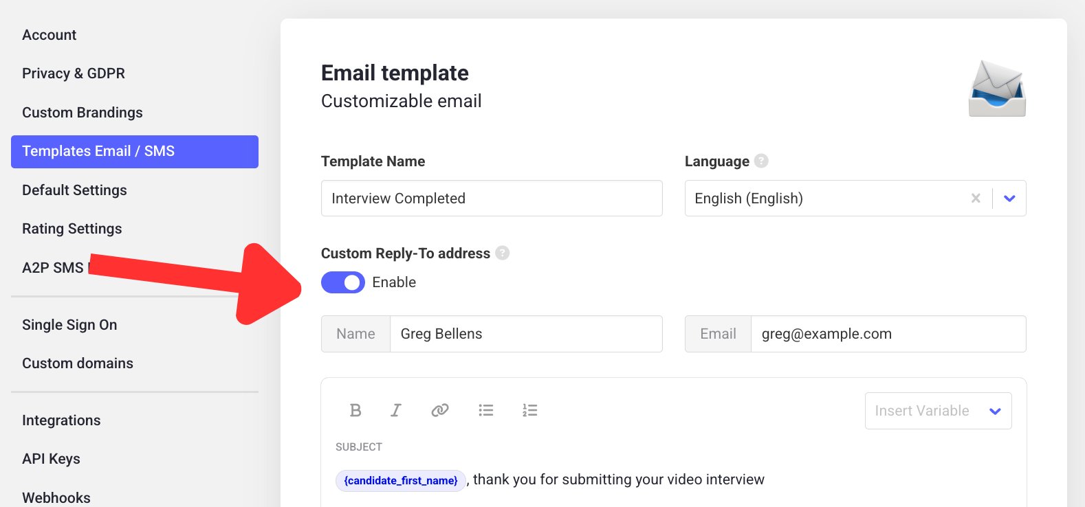 Custom reply-to address setting in a template