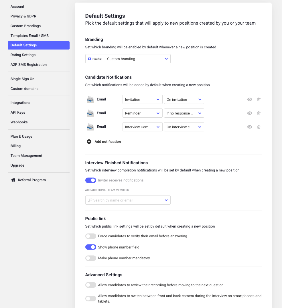 Default settings for your team in Hireflix