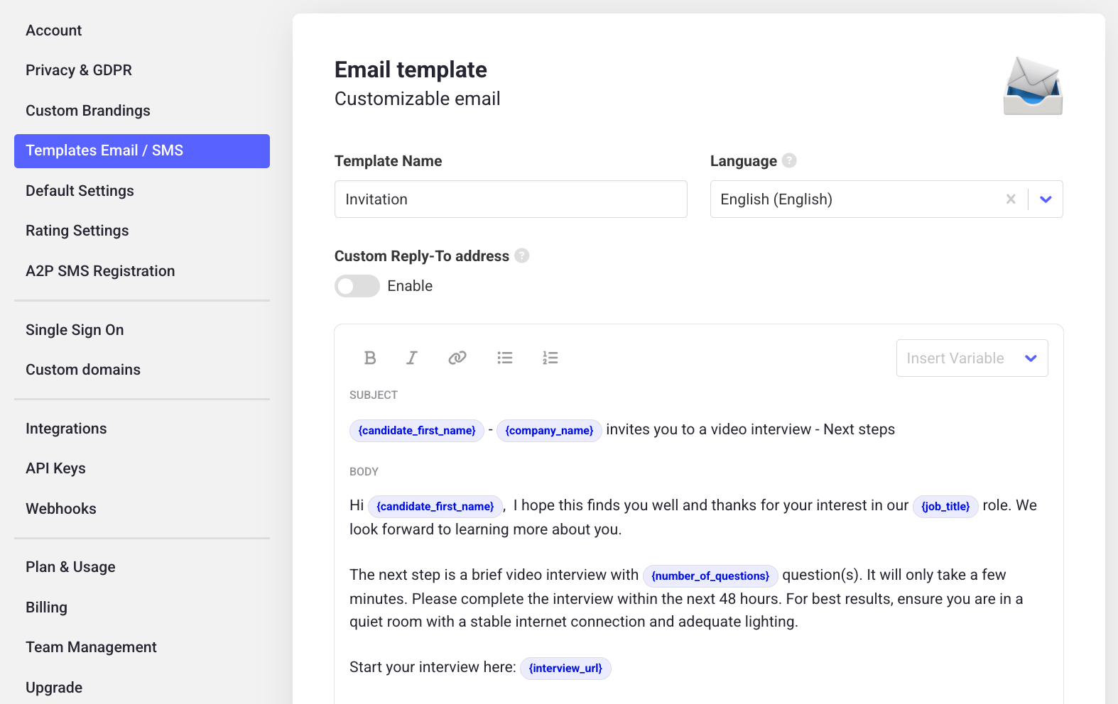 Editing a template in Hireflix