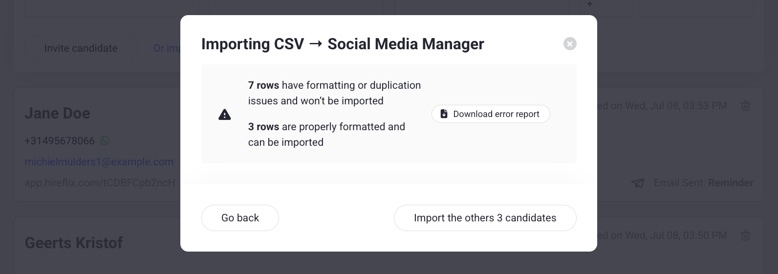 Importing candidates in Hireflix