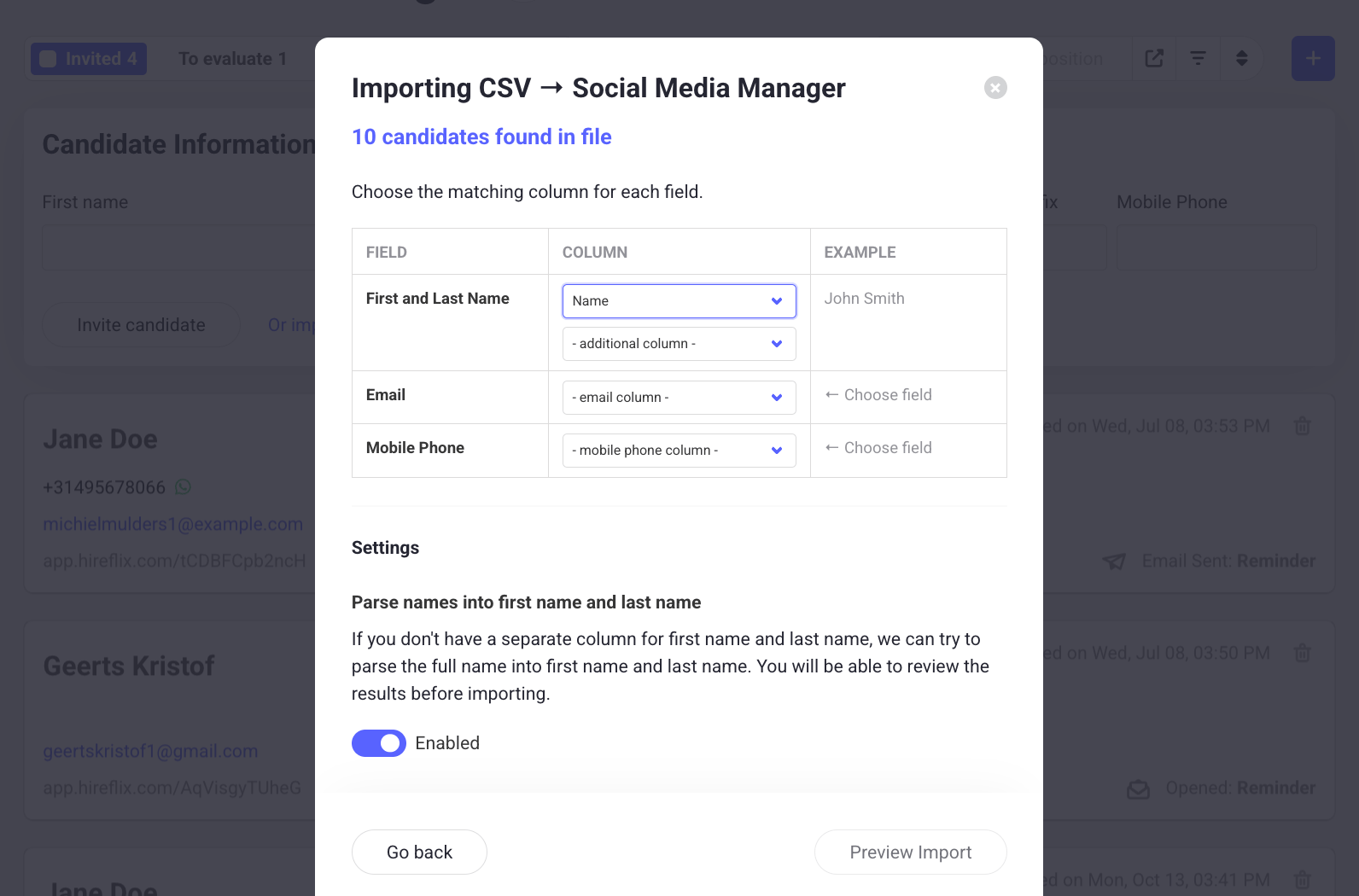 Importing candidates in Hireflix