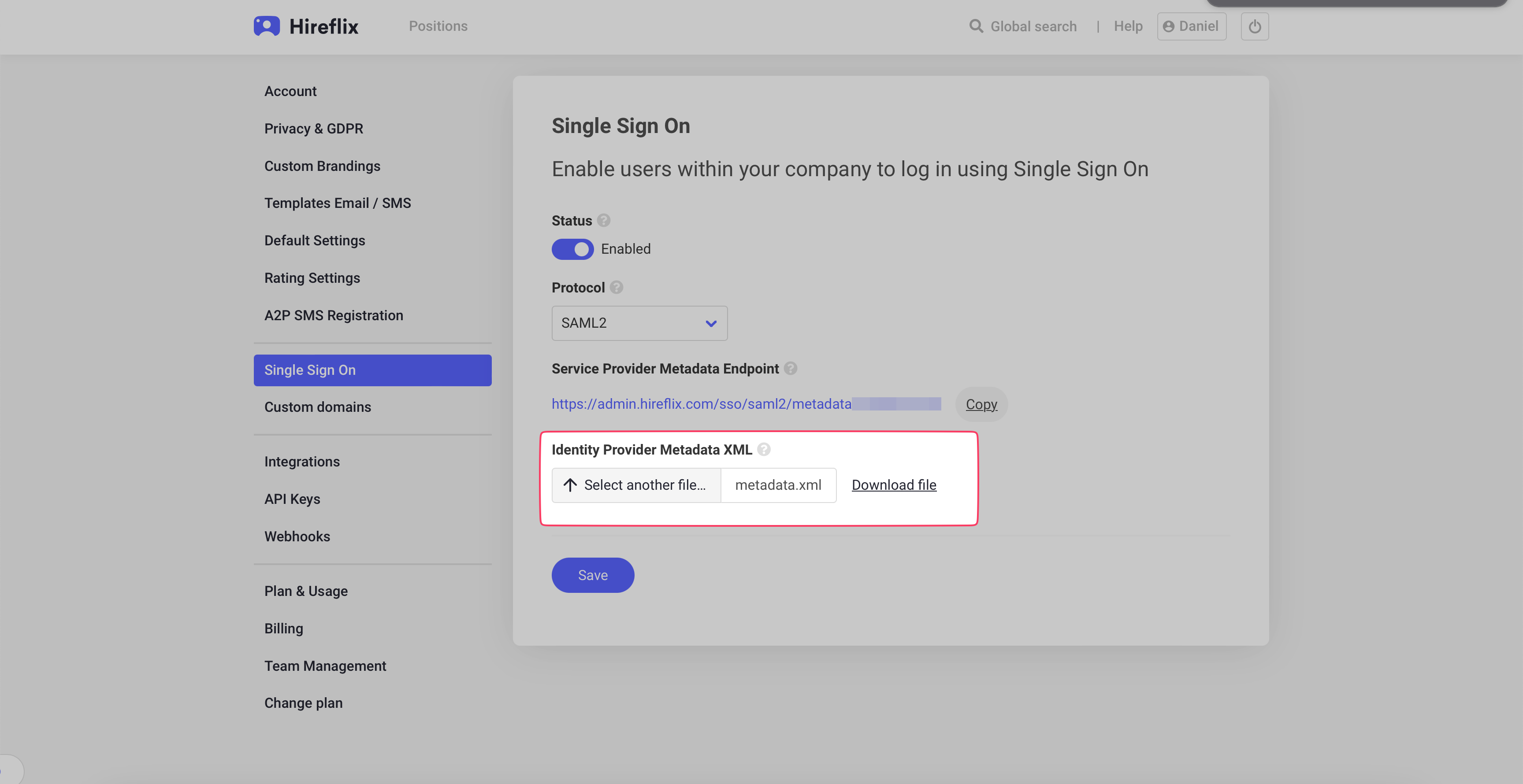 Uploading the Identity Provider Metadata XML to Hireflix