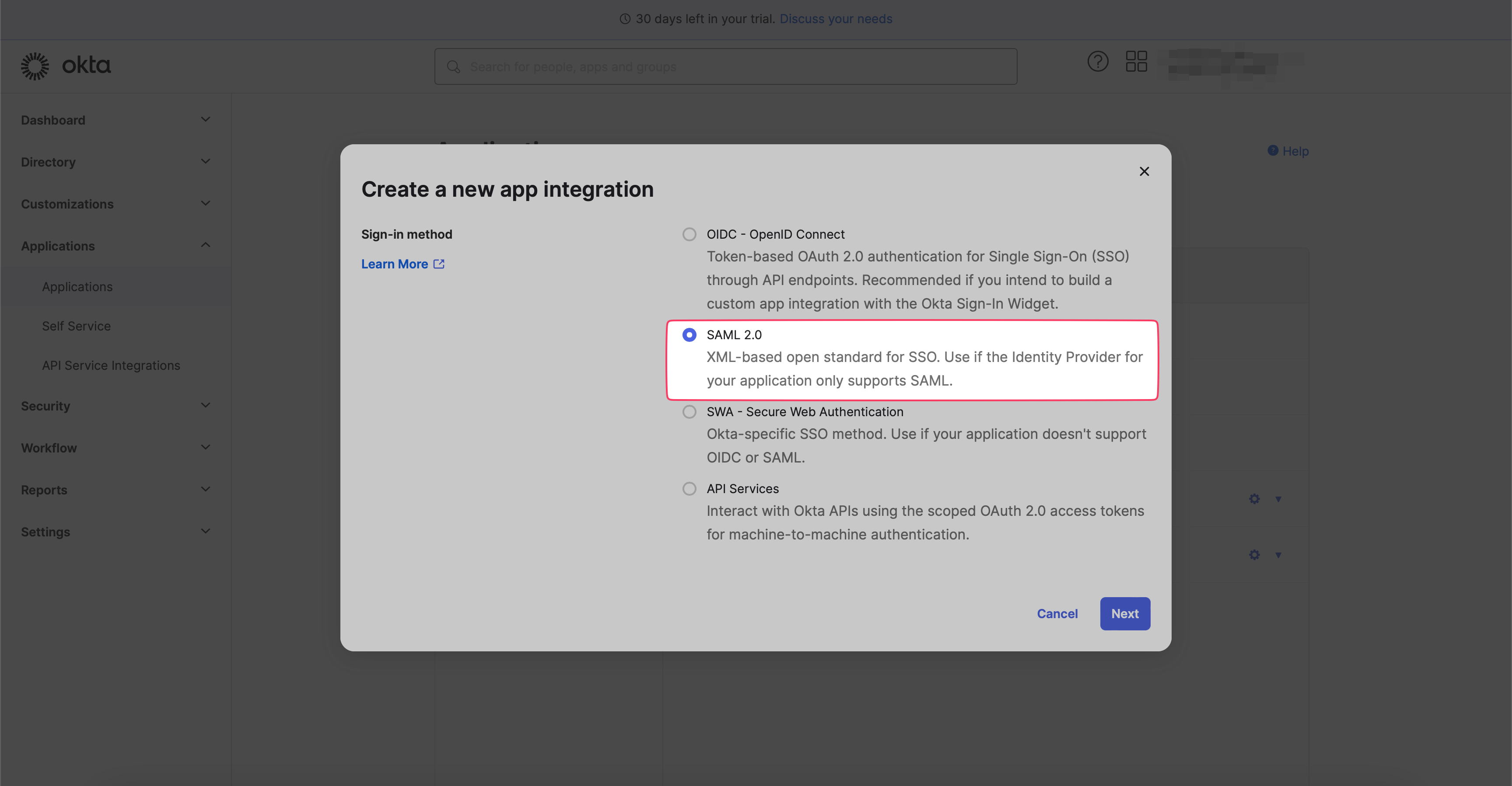 Choosing SAML 2.0 in Okta