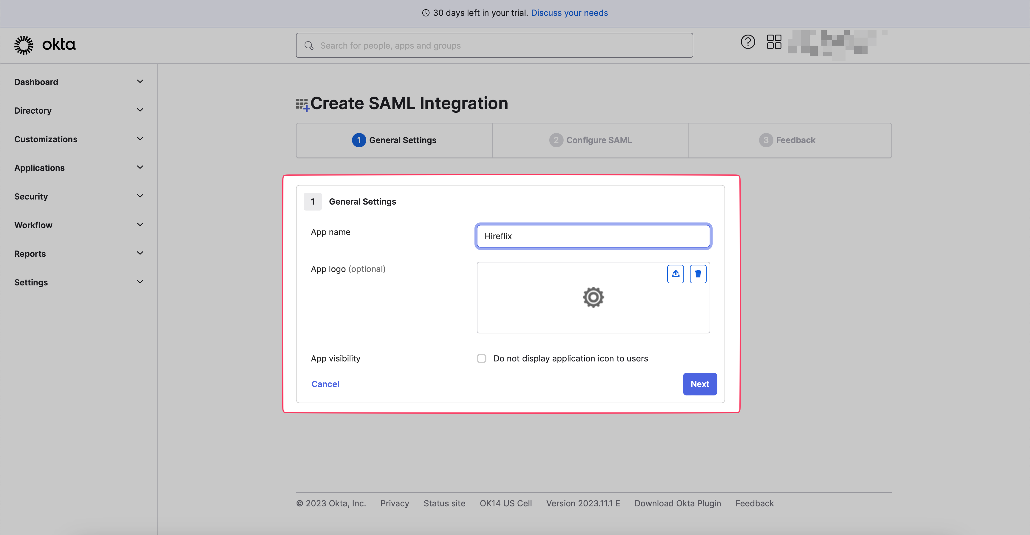 Naming the app in Okta