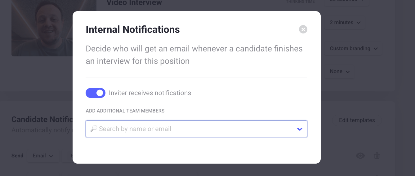 Configure internal notifications add email