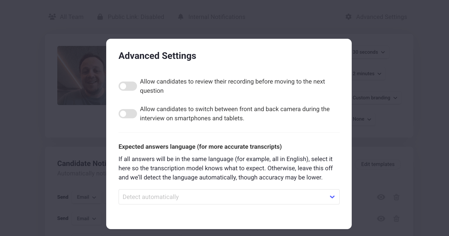 Tailoring settings in Hireflix