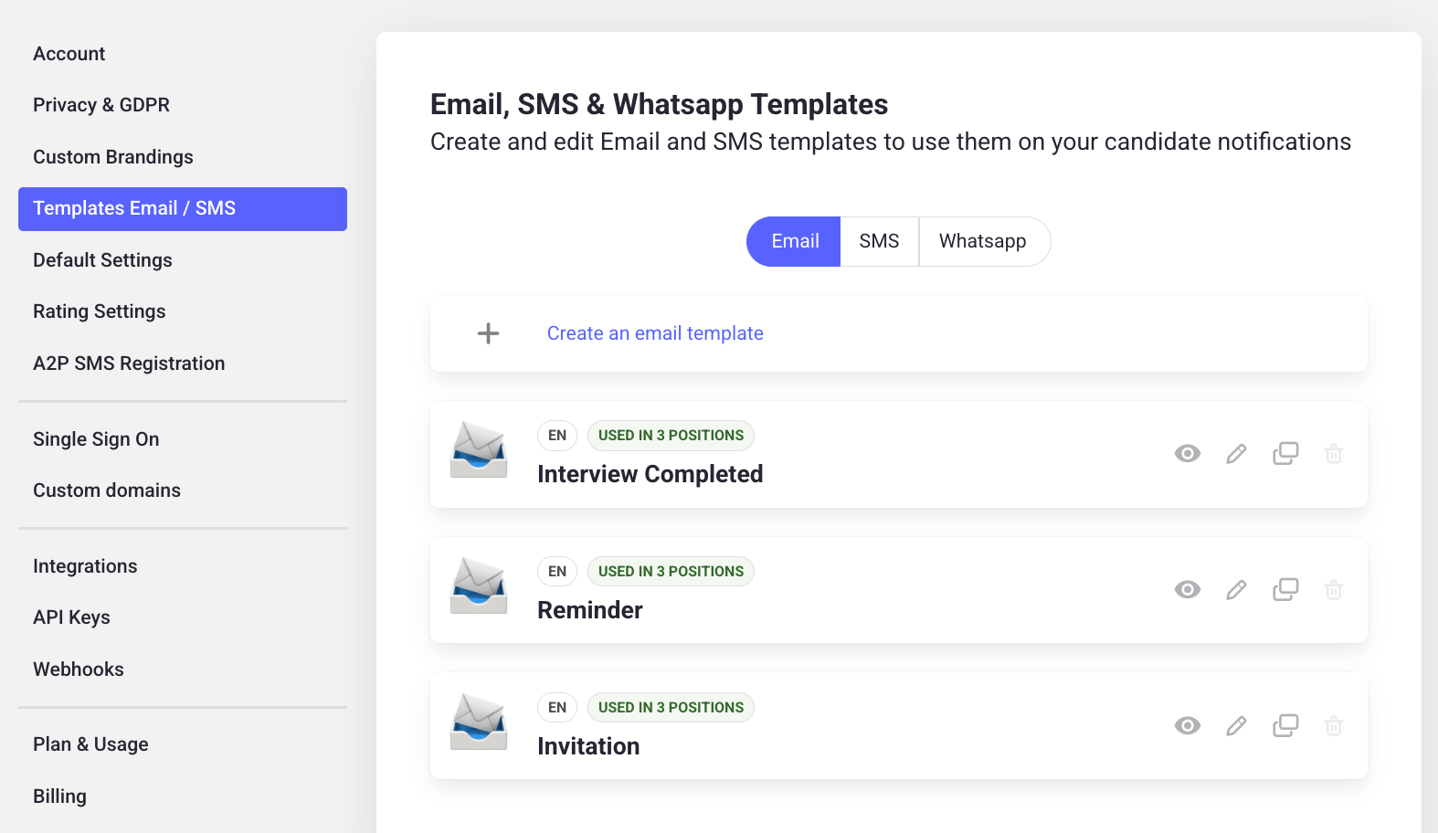 Templates list in Hireflix
