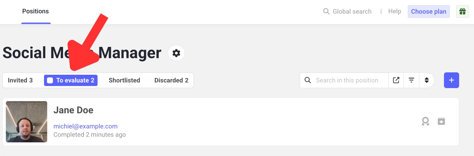 The To evaluate tab in Hireflix