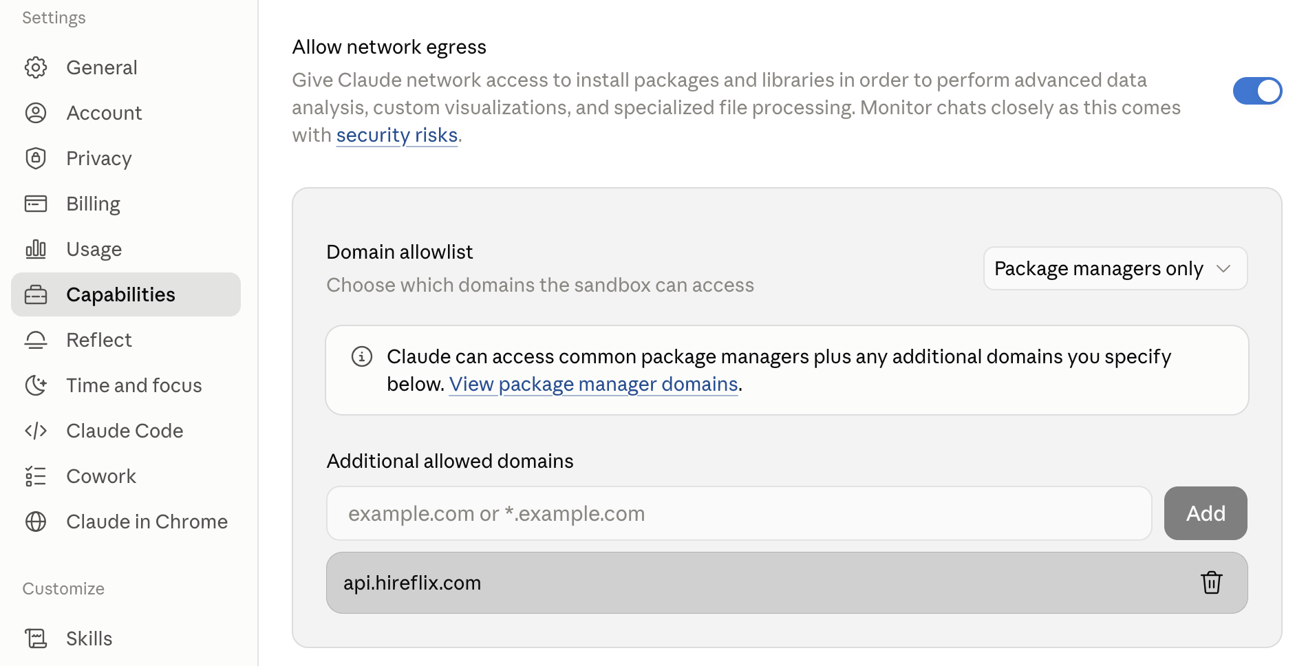 Enabling the domain allowlist and adding api.hireflix.com under Settings > Capabilities > Allow network egress