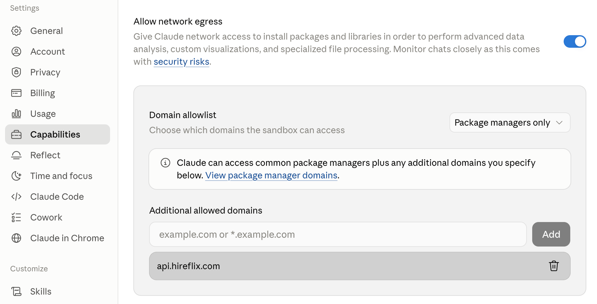 Enabling the domain allowlist and adding api.hireflix.com under Settings > Capabilities > Allow network egress