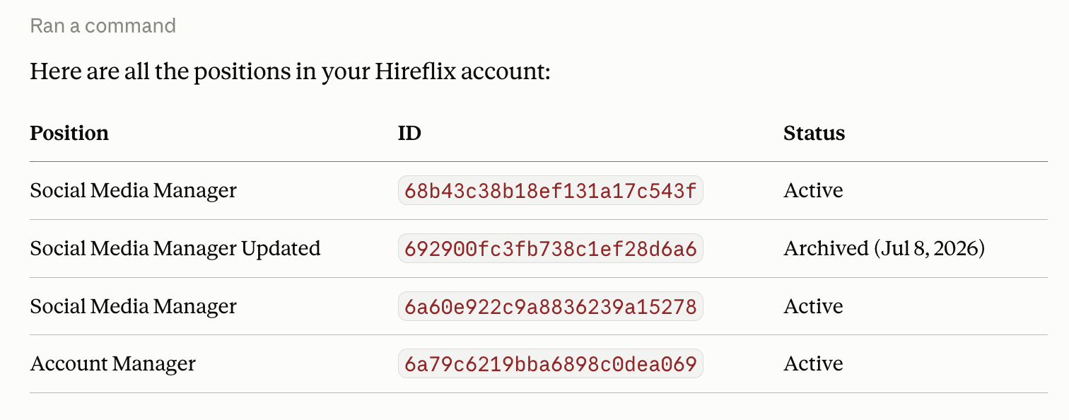 Example Claude conversation using the Hireflix skill to list positions and interview stats