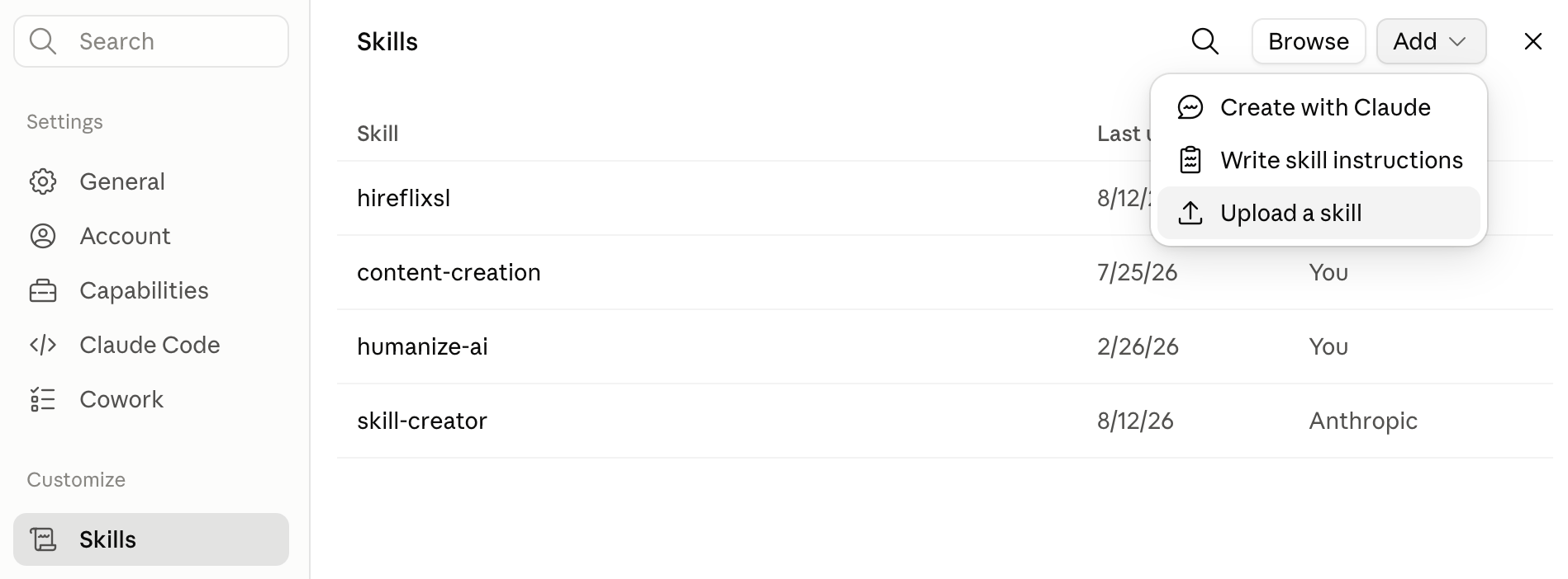 Uploading skill.md as a custom skill under Settings > Capabilities
