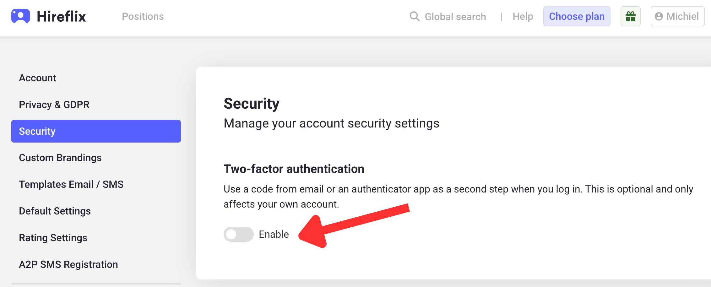 Enabling two-factor authentication in Security settings