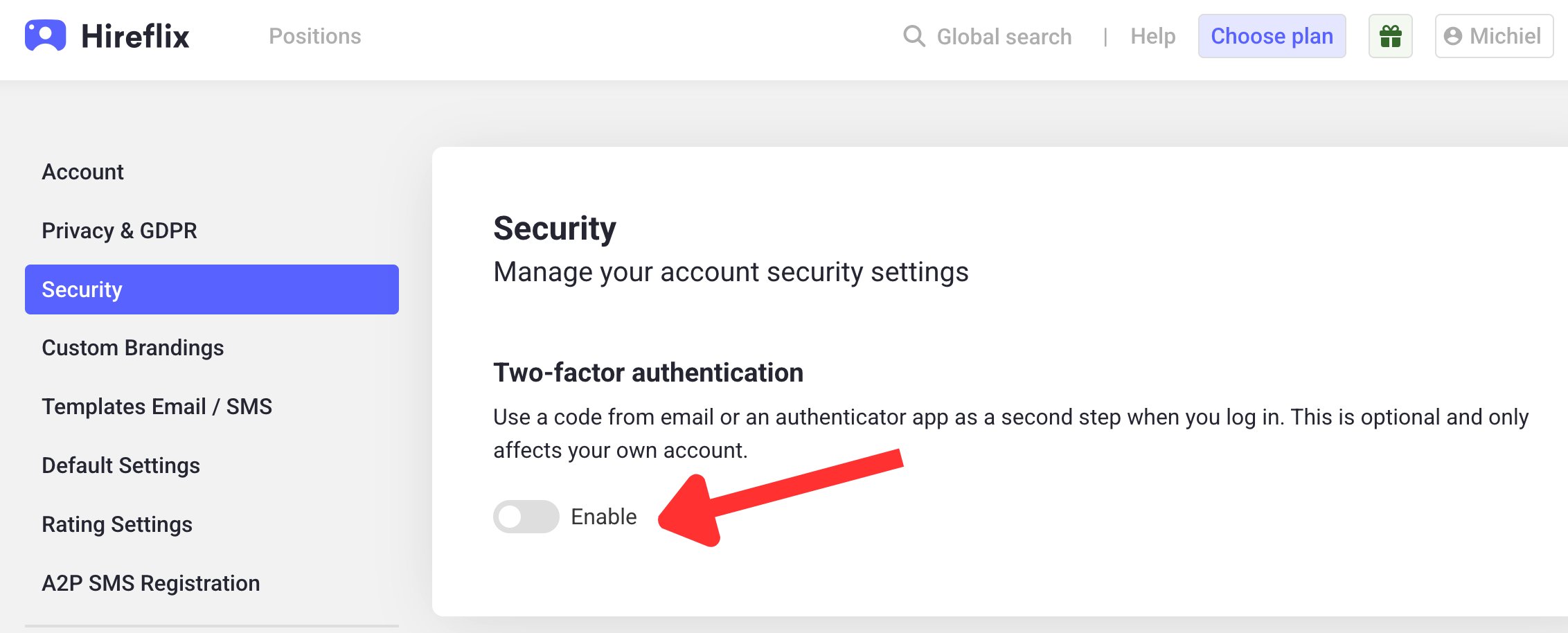 Enabling two-factor authentication in Security settings