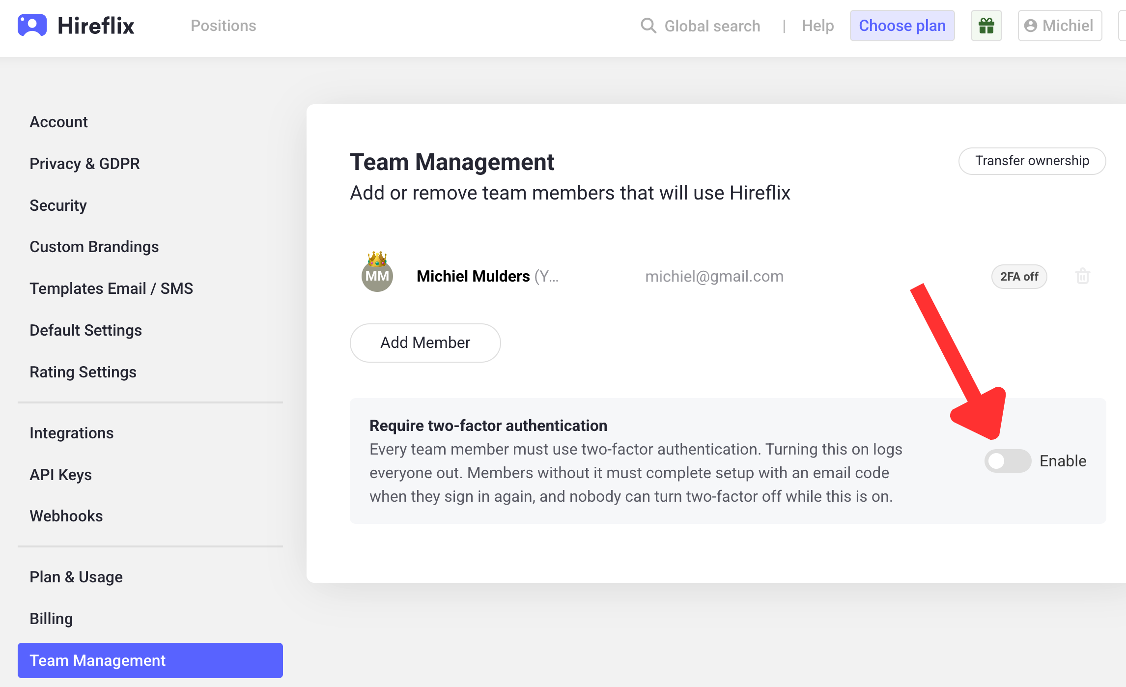 Require two-factor authentication setting in Team Management