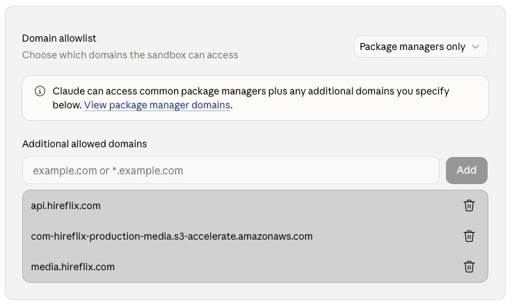 Enabling the domain allowlist and adding api.hireflix.com under Settings > Capabilities > Allow network egress