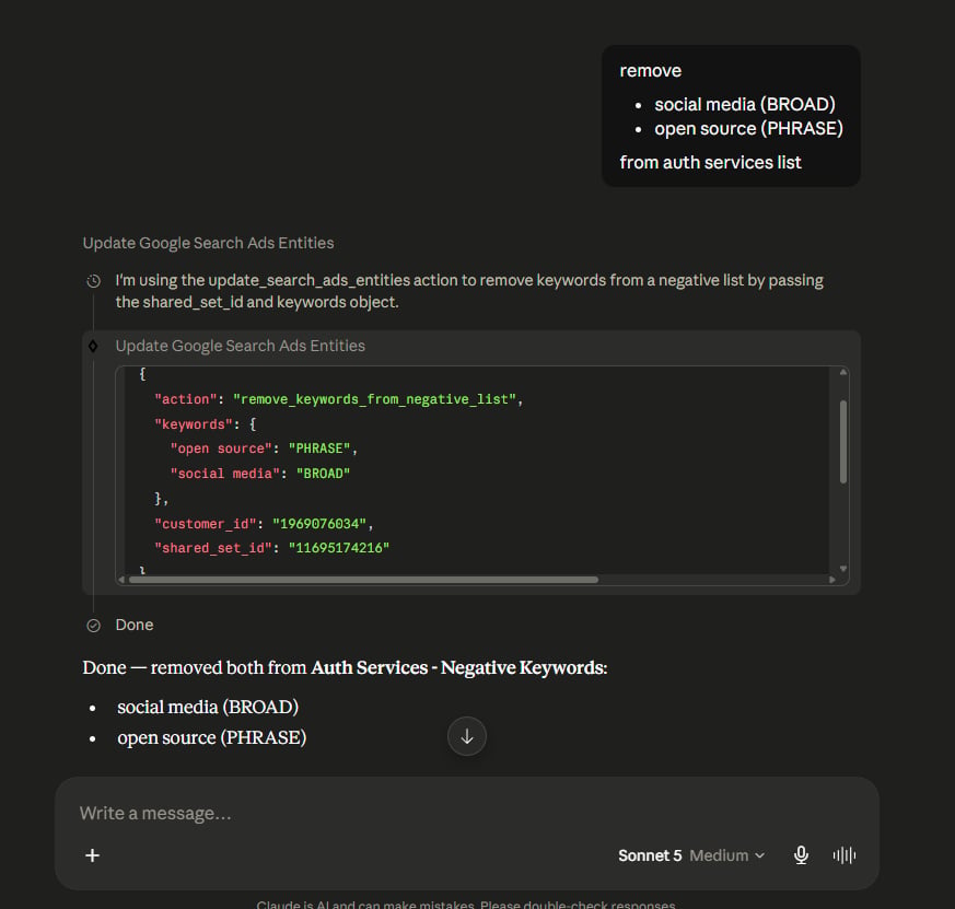 Claude using HireOtto to remove broad- and phrase-match keywords from a shared Google Ads negative keyword list.