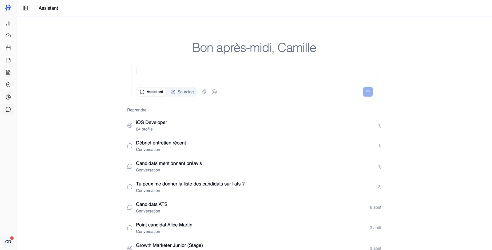 l'écran Assistant vide, avec le champ de saisie et la liste « Reprendre »