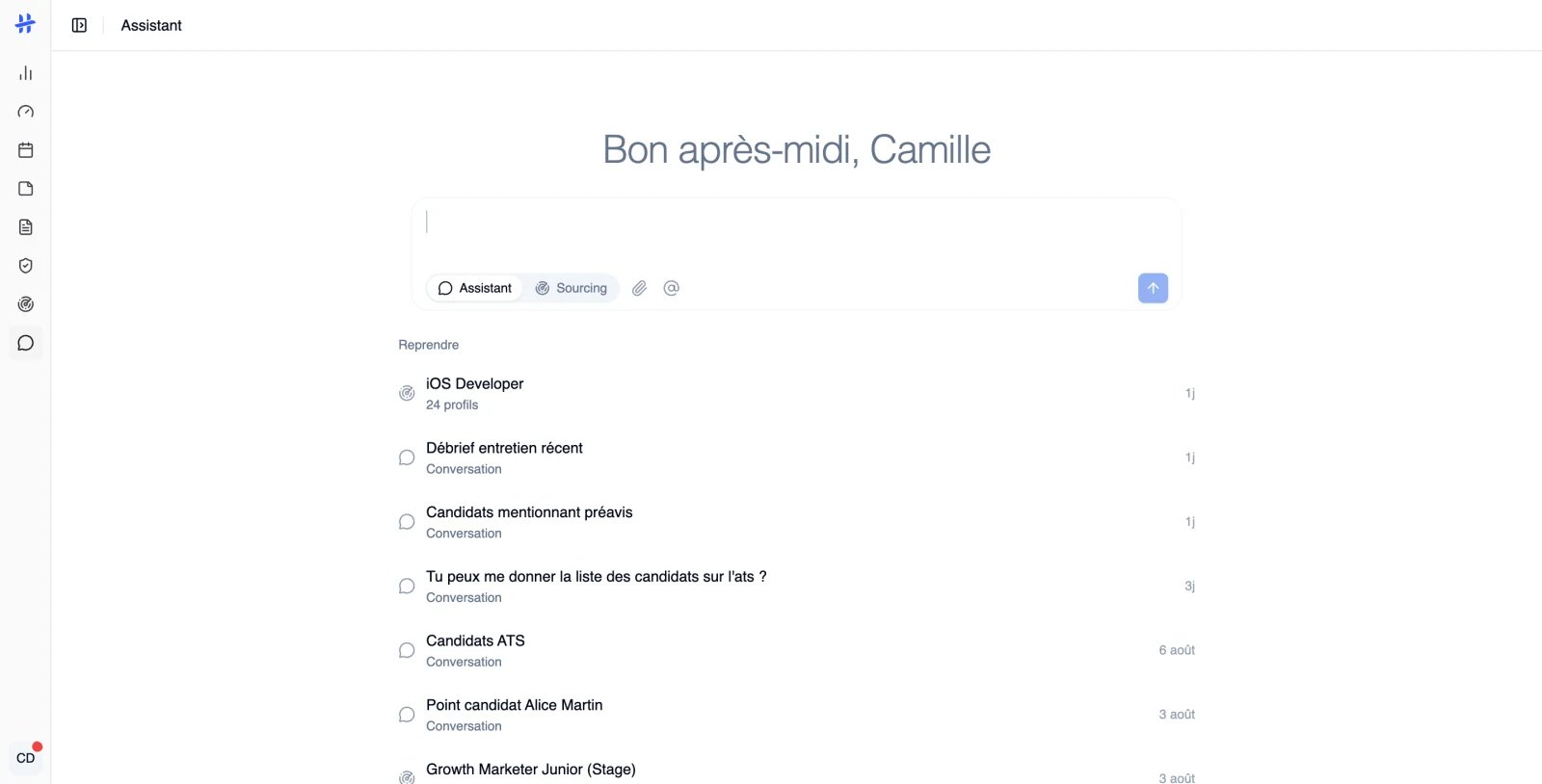 l'écran Assistant vide, avec le champ de saisie et la liste « Reprendre »