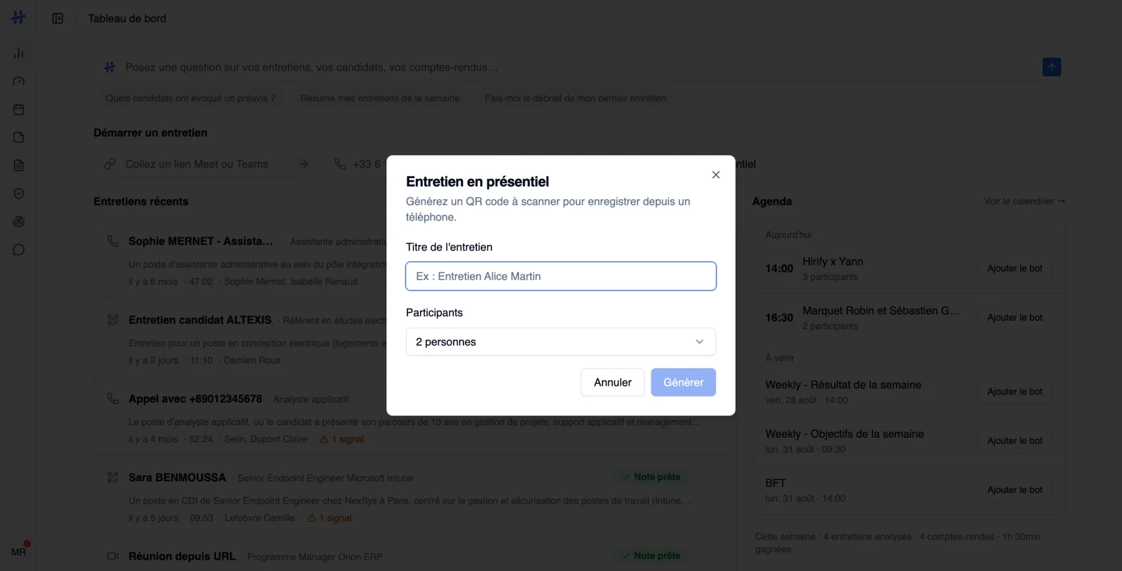 la fenêtre « Entretien en présentiel », champ Titre de l'entretien et menu Participants