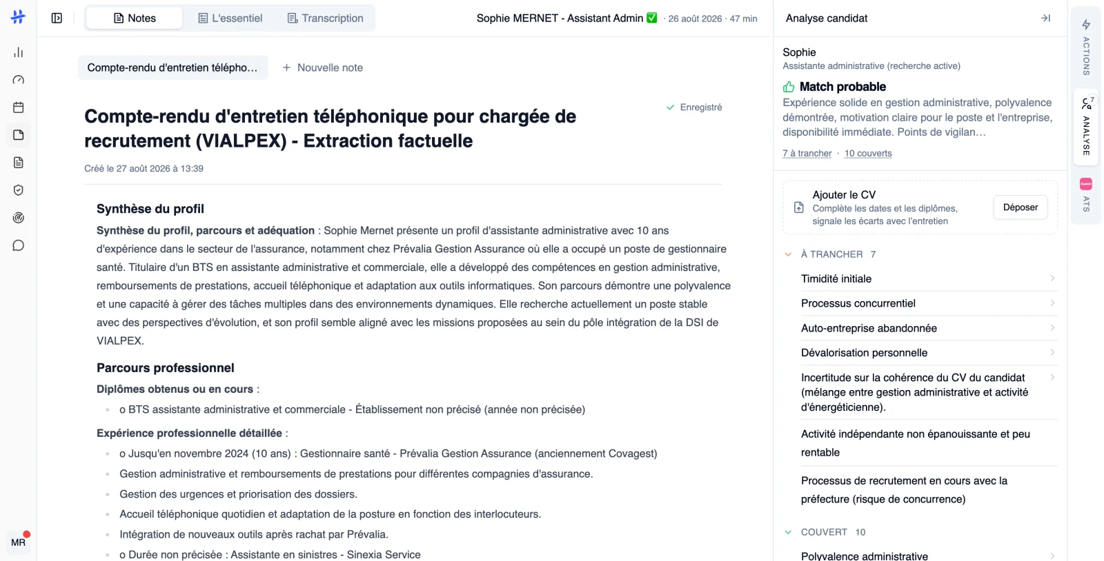 le panneau « Analyse candidat » ouvert, en-tête avec verdict et compteurs, puis les listes