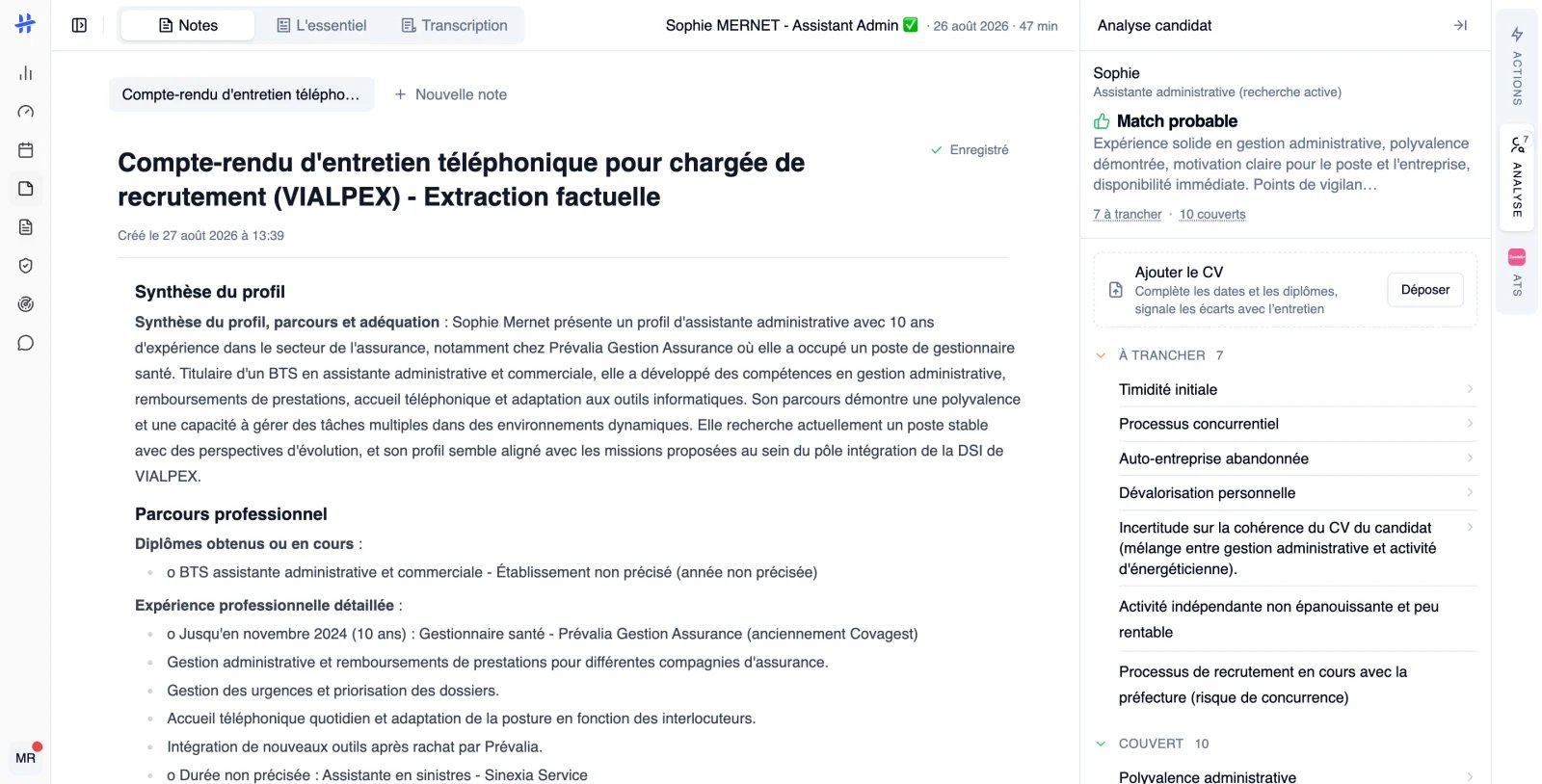 le panneau « Analyse candidat » ouvert, en-tête avec verdict et compteurs, puis les listes