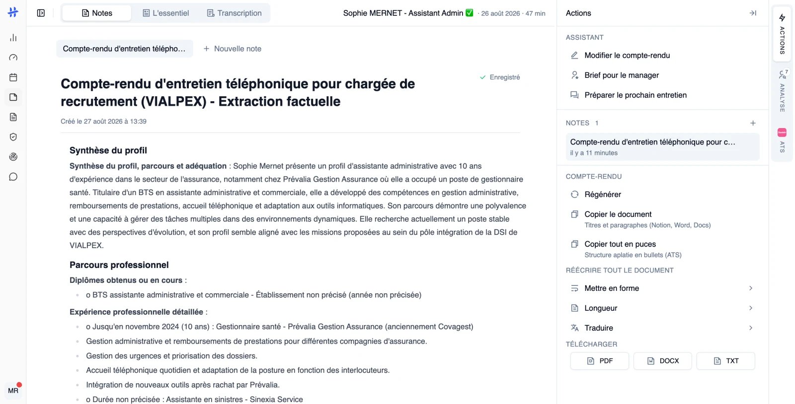 le panneau « Actions » avec les sections « Compte-rendu » et « Télécharger »