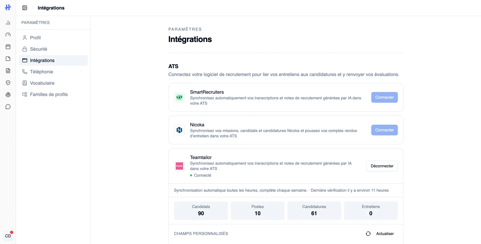 une carte ATS connectée, avec la mention Connecté, les quatre compteurs et la ligne de synchronisation