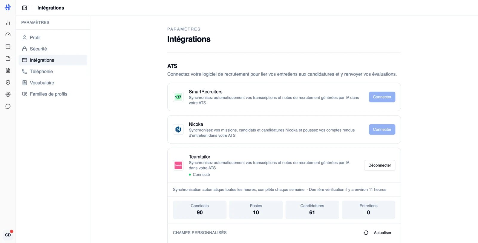 une carte ATS connectée, avec la mention Connecté, les quatre compteurs et la ligne de synchronisation
