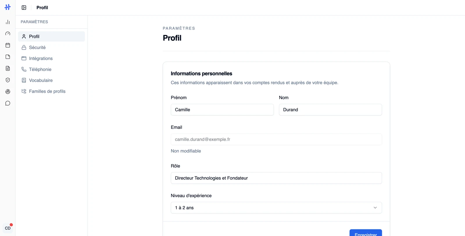 page Paramètres → Profil, section « Informations personnelles »