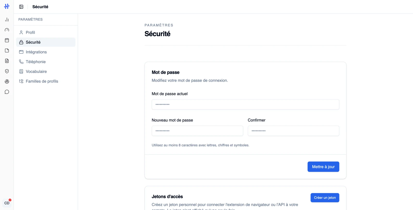 page Paramètres → Sécurité, section « Mot de passe »