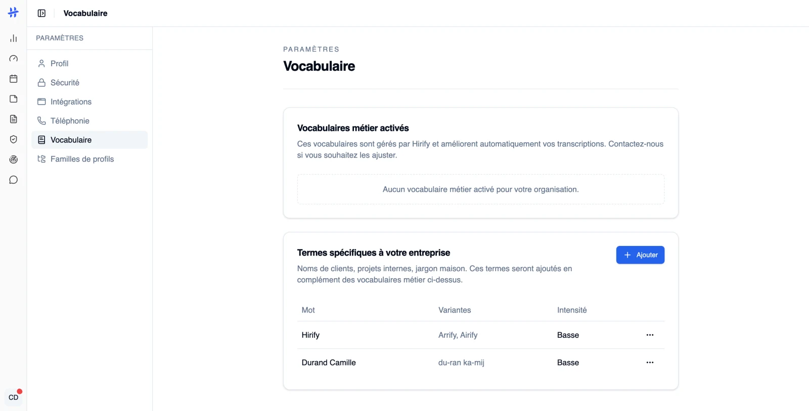 page Vocabulaire avec la section Termes spécifiques à votre entreprise