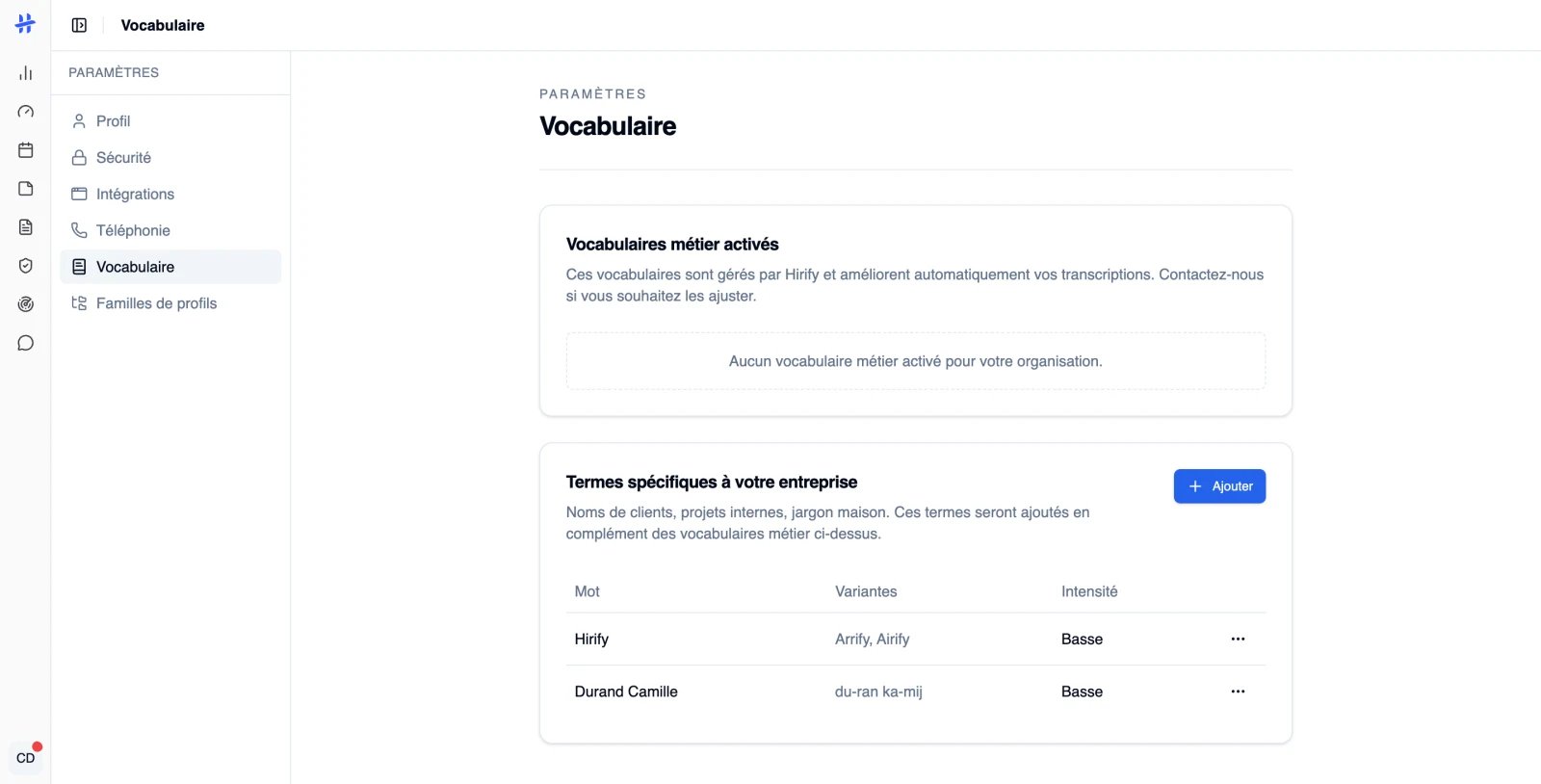 page Vocabulaire avec la section Termes spécifiques à votre entreprise
