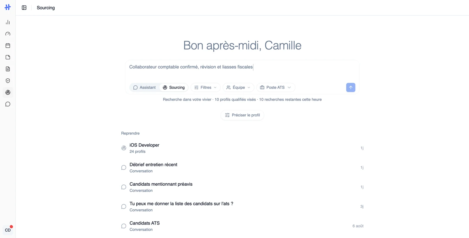 l'écran Sourcing vide, avec le champ de saisie, les pastilles Filtres et Équipe, la liste Reprendre
