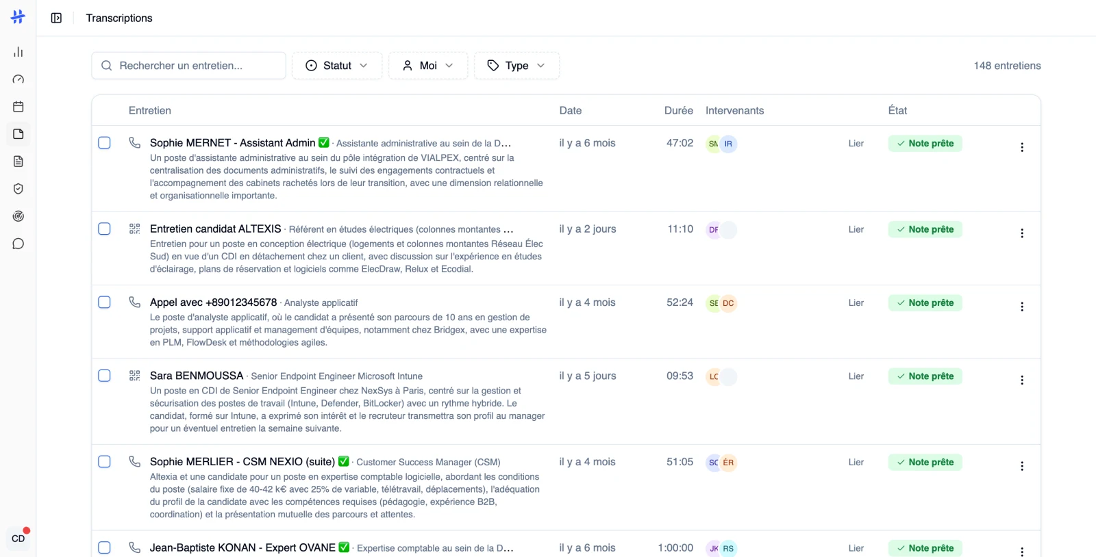 la page Transcriptions avec sa barre de filtres et quelques lignes d'entretiens