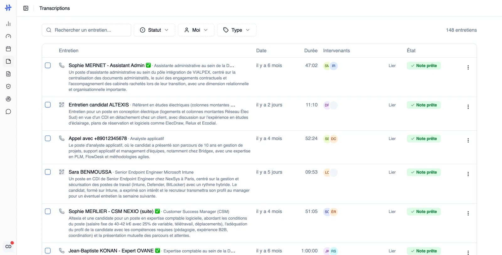 la page Transcriptions avec sa barre de filtres et quelques lignes d'entretiens