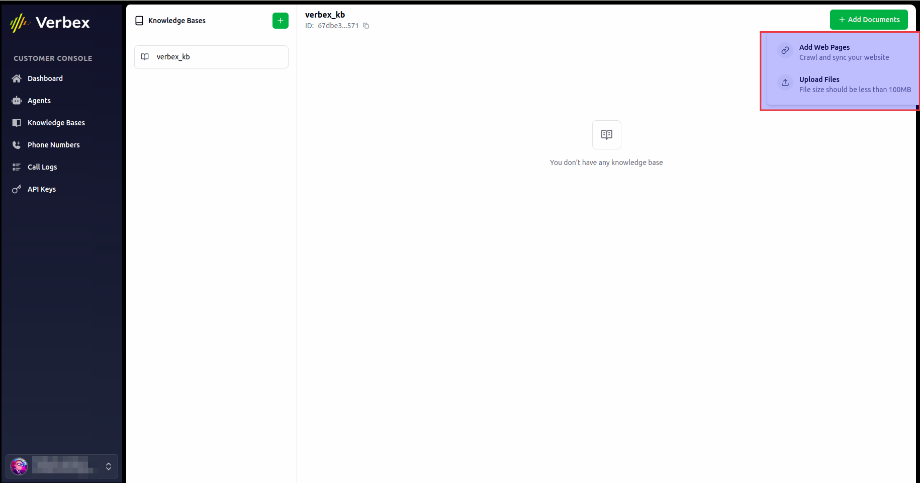 Adding Documents to Knowledge Base - Verbex Docs