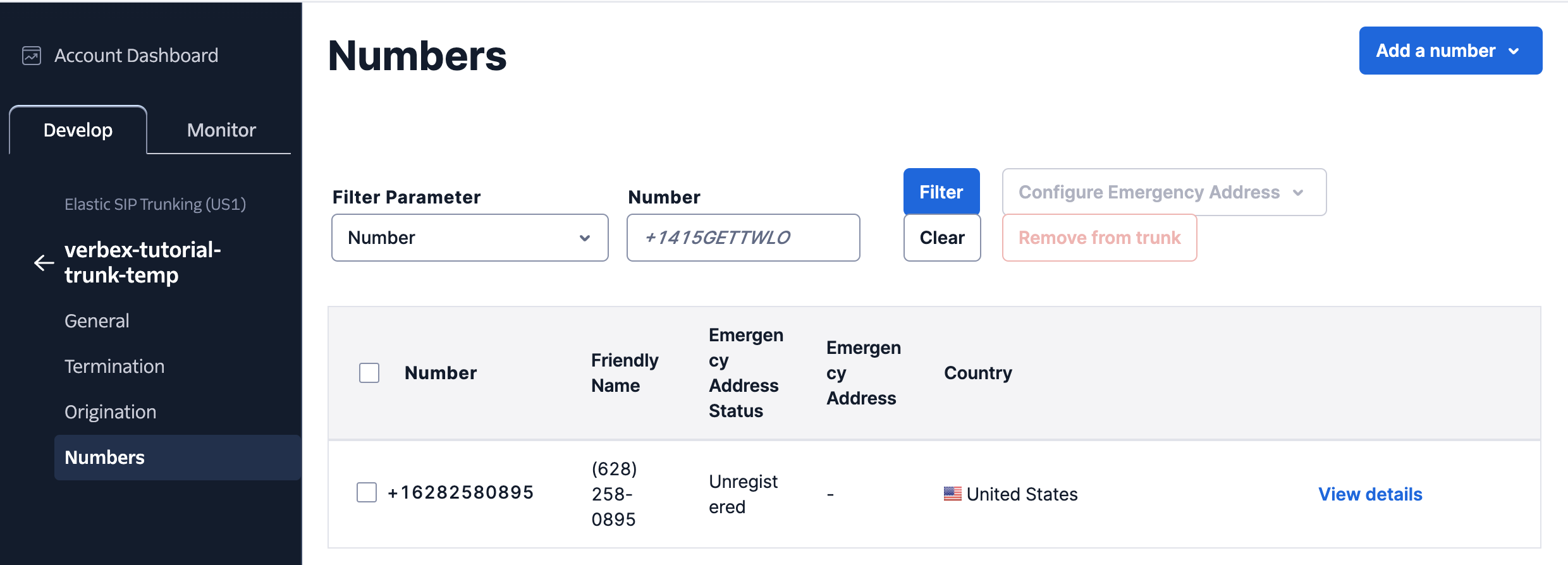 Twilio Numbers page showing list of phone numbers with their details and management options