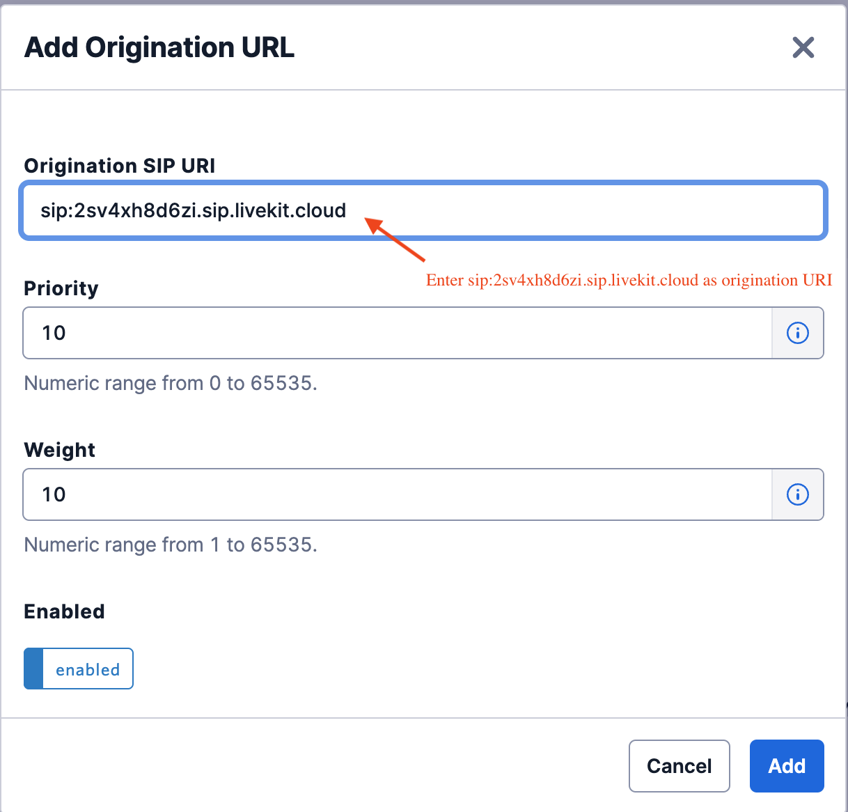 Twilio Add Origination URL modal showing fields for SIP URI, priority, weight, and enabled status